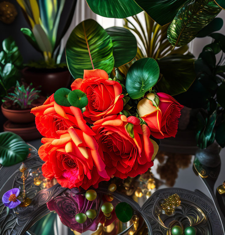 Colorful Bouquet of Red Roses and Orange Flowers on Dark Patterned Surface