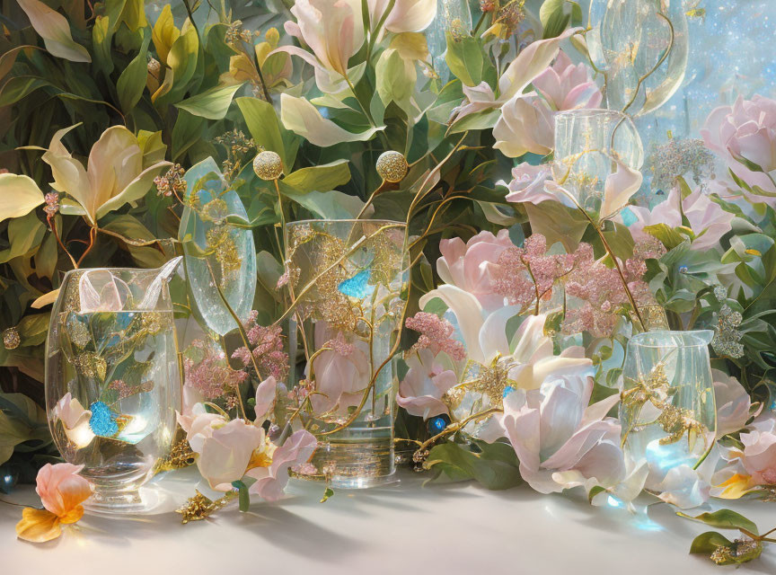 Translucent vases with delicate pink blossoms and golden accents