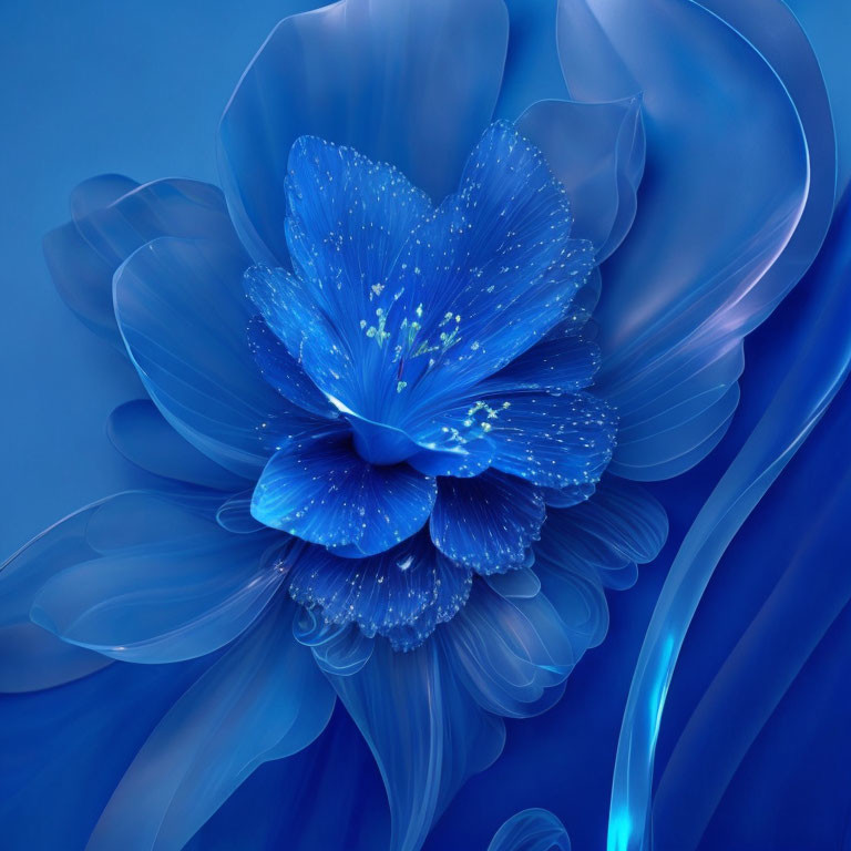 Blue Flower Abstract Digital Art with Translucent Petals and Glowing Speckles