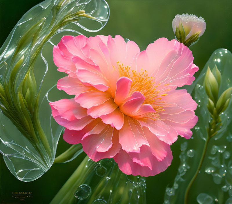 Pink peony with golden center and dewdrops on soft green background