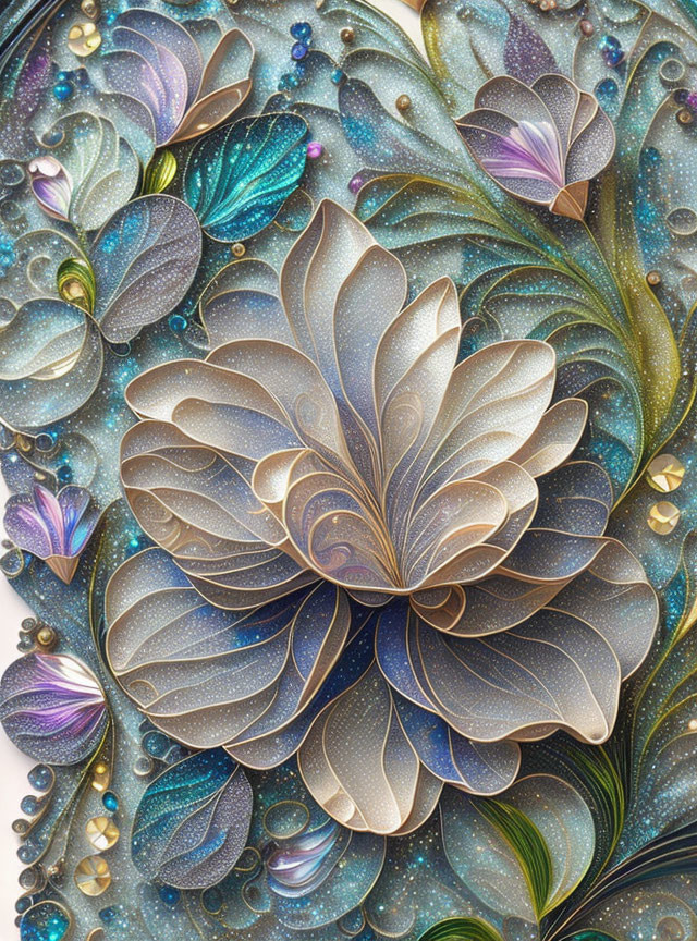 Embossed metallic floral artwork in blue, green, and purple