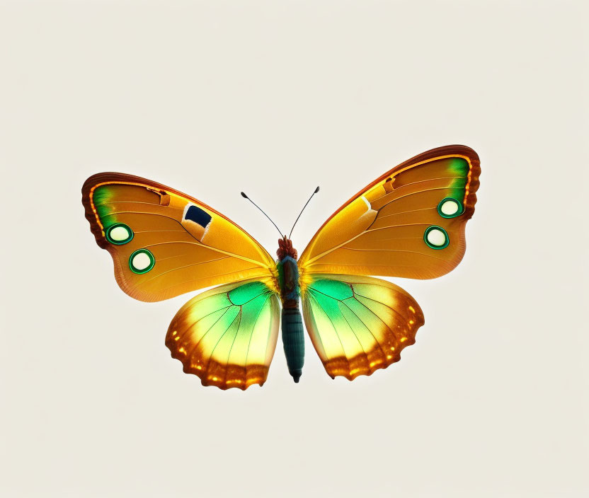 Colorful Butterfly with Orange and Green Wings on Pale Background