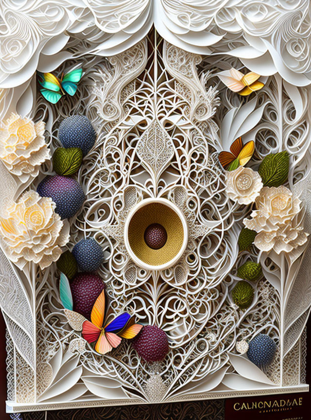 Detailed Paper Art with Floral Patterns and Colorful Spheres
