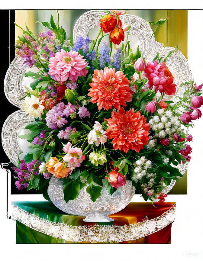 Multicolored Flower Bouquet in Crystal Vase on Lace Background