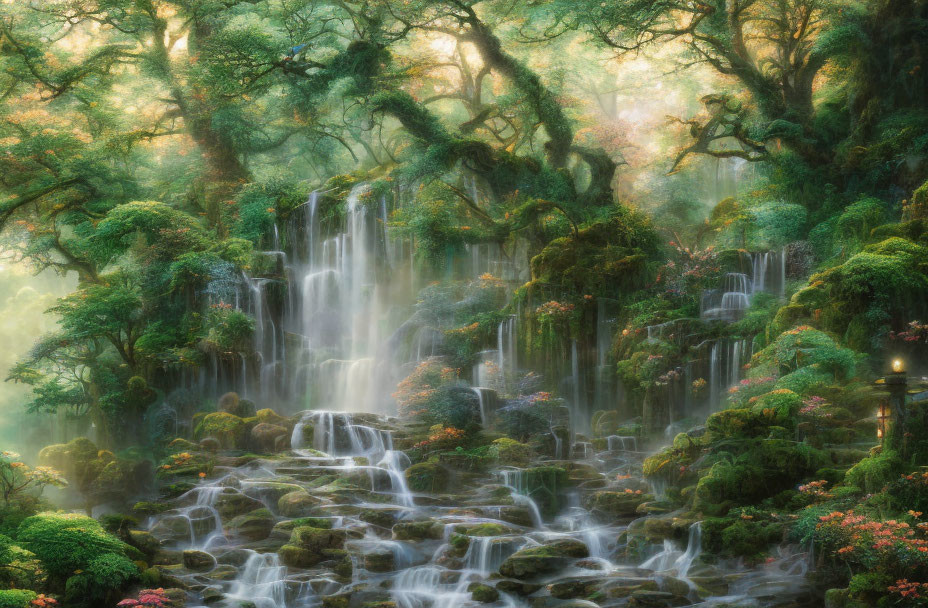 Serene forest waterfall with mossy rocks and sunlight rays