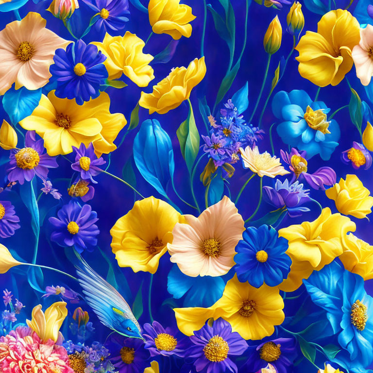 Colorful Floral Pattern with Blue, Yellow, Purple, and Pink Flowers