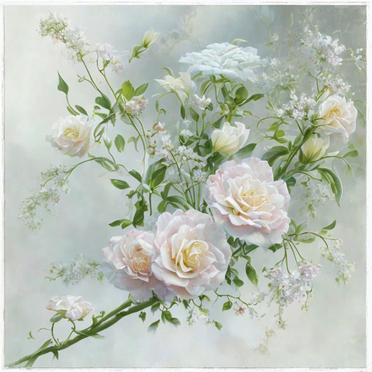 Delicate roses and baby's breath in pastel tones