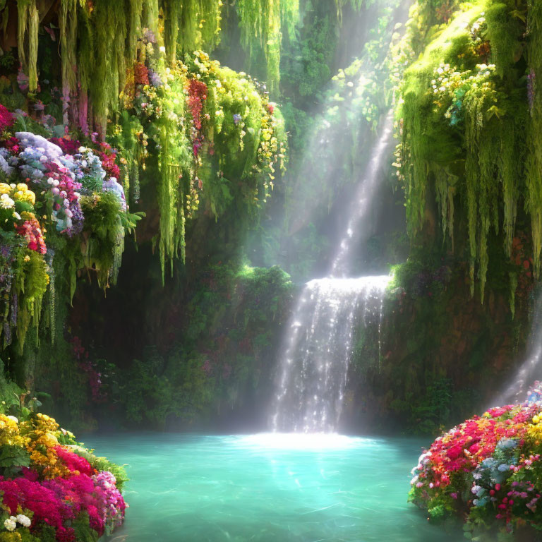 Tranquil waterfall in lush greenery with ethereal sunbeams