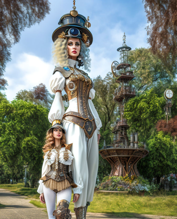 Two women in steampunk attire with Victorian iron tower backdrop.
