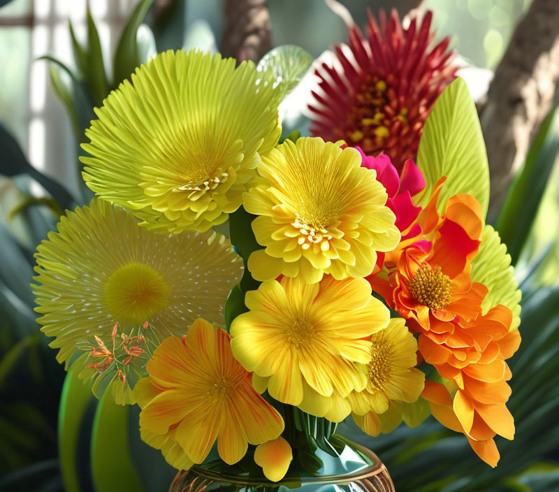 Colorful Flower Bouquet in Glass Vase with Green Foliage