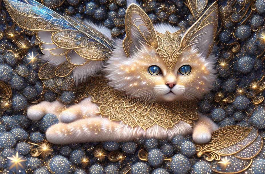 Fantasy cat with blue eyes and golden patterns on starry navy background