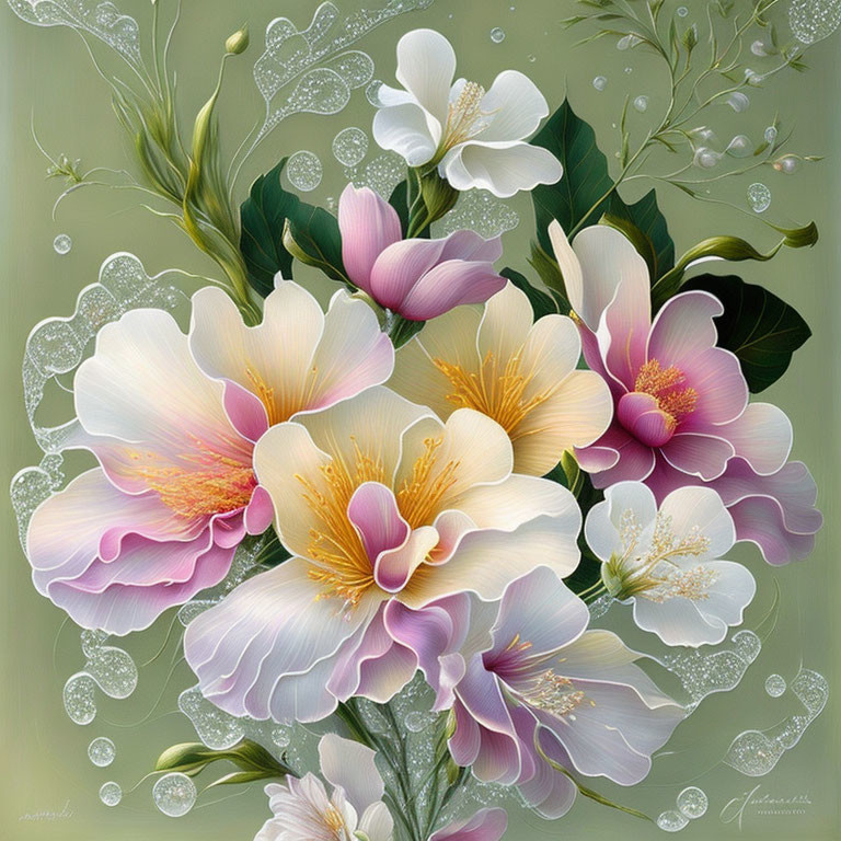 Pastel-colored flowers with dew drops on soft green background