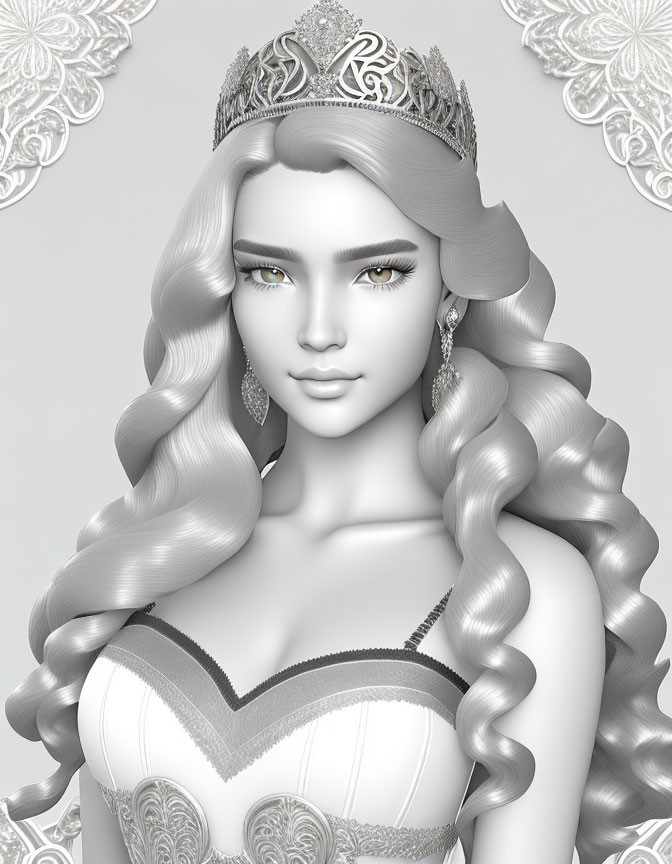 Monochrome 3D render of a woman with long wavy hair and crown