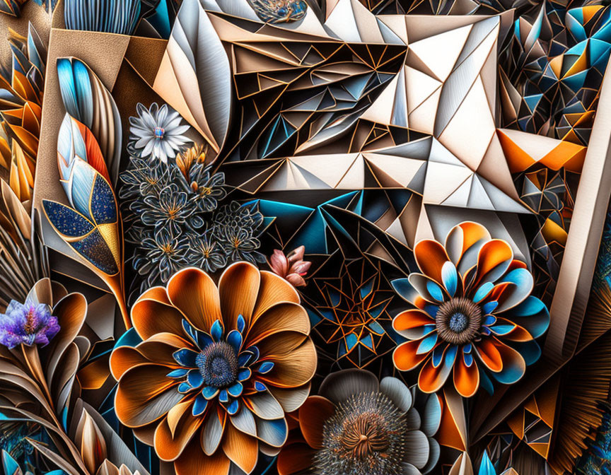 Geometric floral digital art in earthy and metallic tones