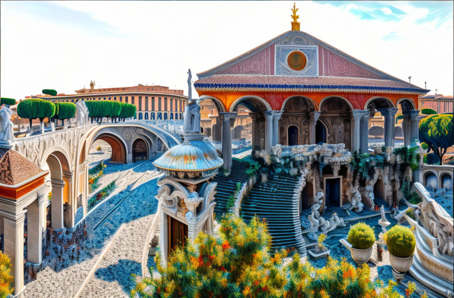 Ornate Renaissance architecture with arched walkways and grand staircase surrounded by lush greenery