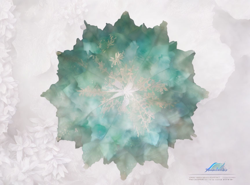 Translucent teal to white snowflake on white floral background