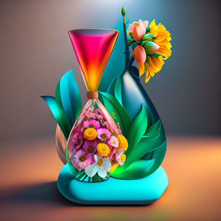 Vibrant digital artwork: stylized vases with flowers on gradient backdrop