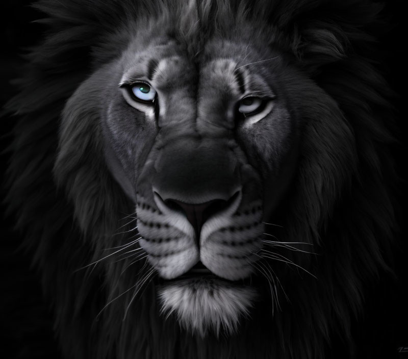 Close-Up of Lion's Intense Blue Eyes and Dark Mane