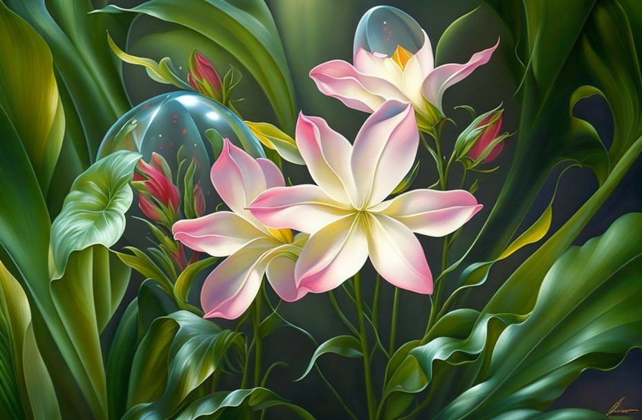 Luminous pink flowers in digital art with green foliage and bubbles.