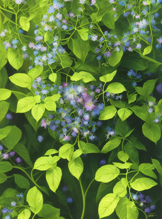 Heart-shaped leaves and delicate blue flowers in soft light