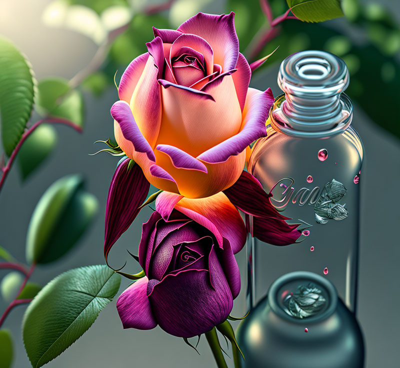 Vivid Purple and Orange Rose with Open Perfume Bottle on Green Leaf Background