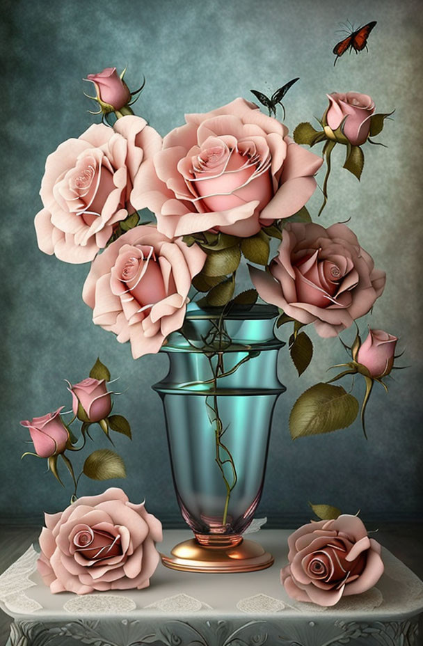 Soft pink roses in teal vase with butterflies on dark background