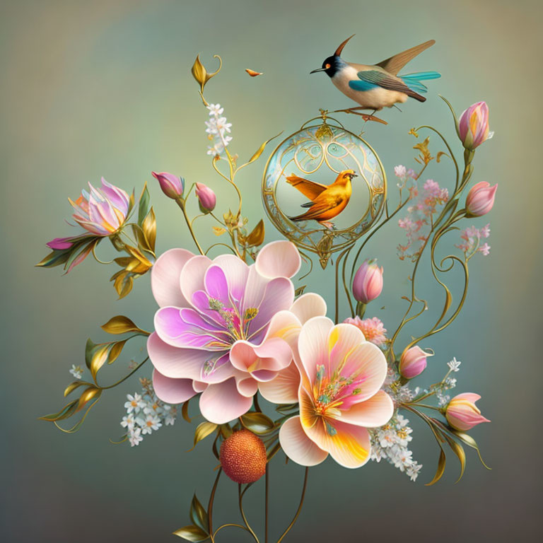 Colorful digital artwork with flowers, birds, and golden details on gradient backdrop