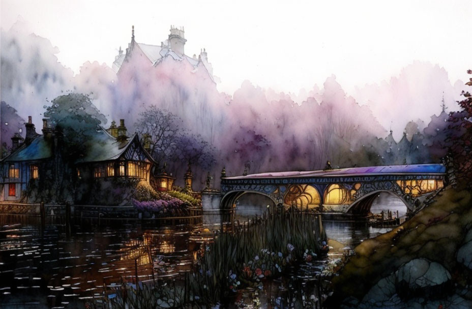 Scenic watercolor: village, bridge, castle at twilight