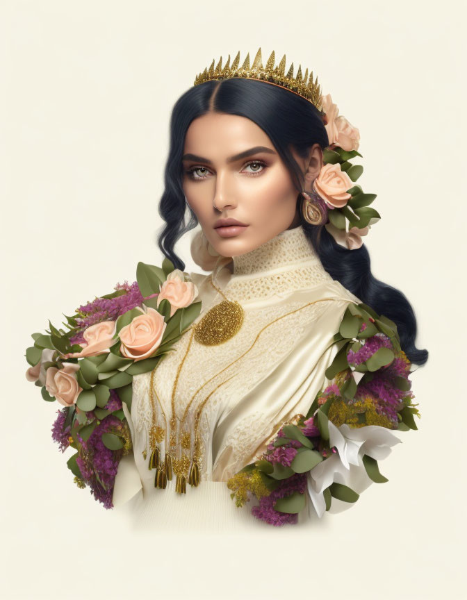 Digital portrait of woman with blue eyes, golden crown, surrounded by pastel flowers.