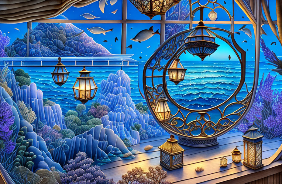 Serene ocean scene through decorative window with lanterns