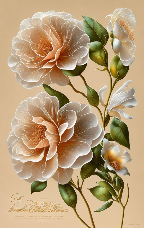 Detailed Stylized White Camellia Flowers Illustration on Beige Background