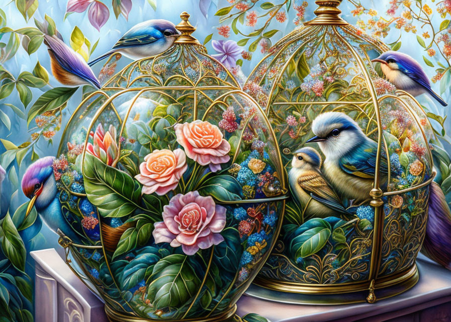 Vibrant birds in golden birdcages among flowers and foliage