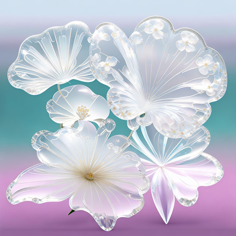 Translucent glass-like flowers with veins and stamens on gradient background