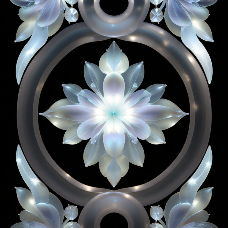 Symmetrical Digital Fractal Art: Glowing Translucent Flowers in Concentric Circles