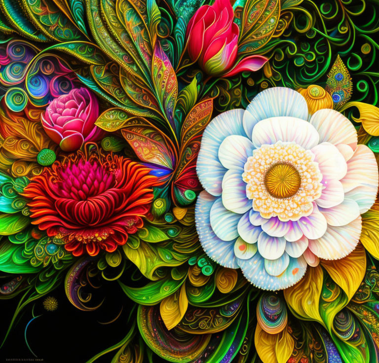 Colorful digital artwork: intricate stylized flowers with detailed petals and swirling patterns