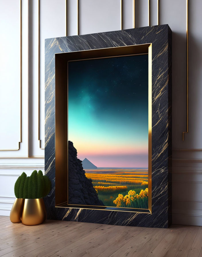 Framed scenic landscape with starry sky, mountain, field, and potted cactus