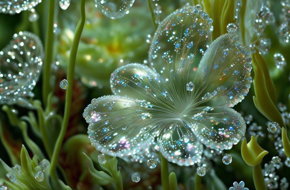 Dew-covered dandelion seed in green foliage with sparkling droplets
