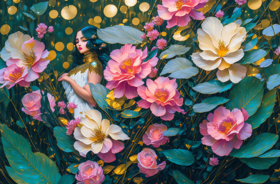 Illustrated woman with vibrant flowers in dreamlike setting