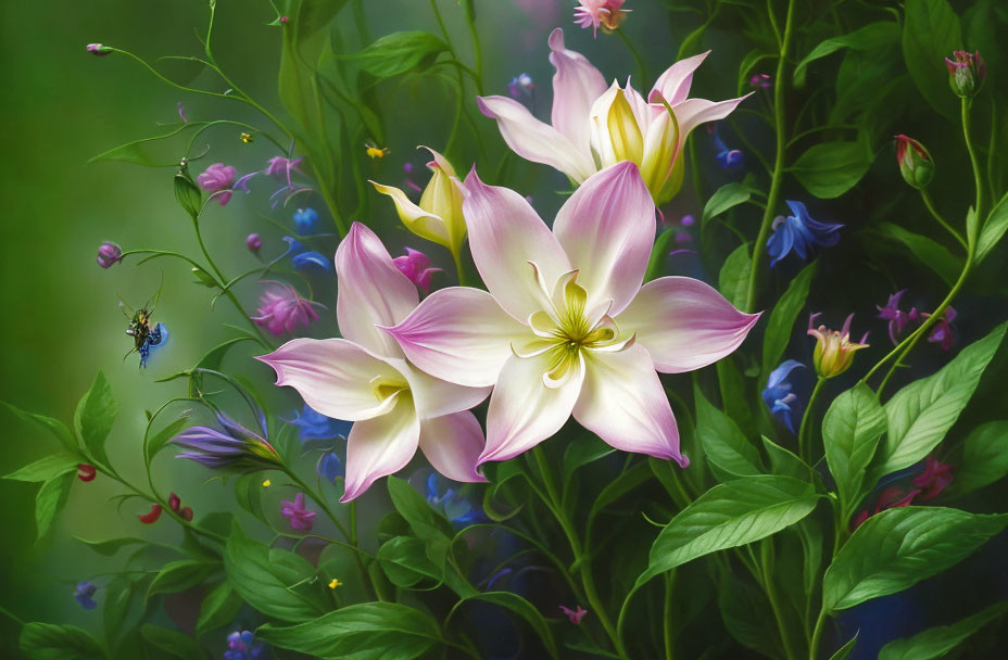 Colorful floral painting with lilies, greenery, and bee in nature