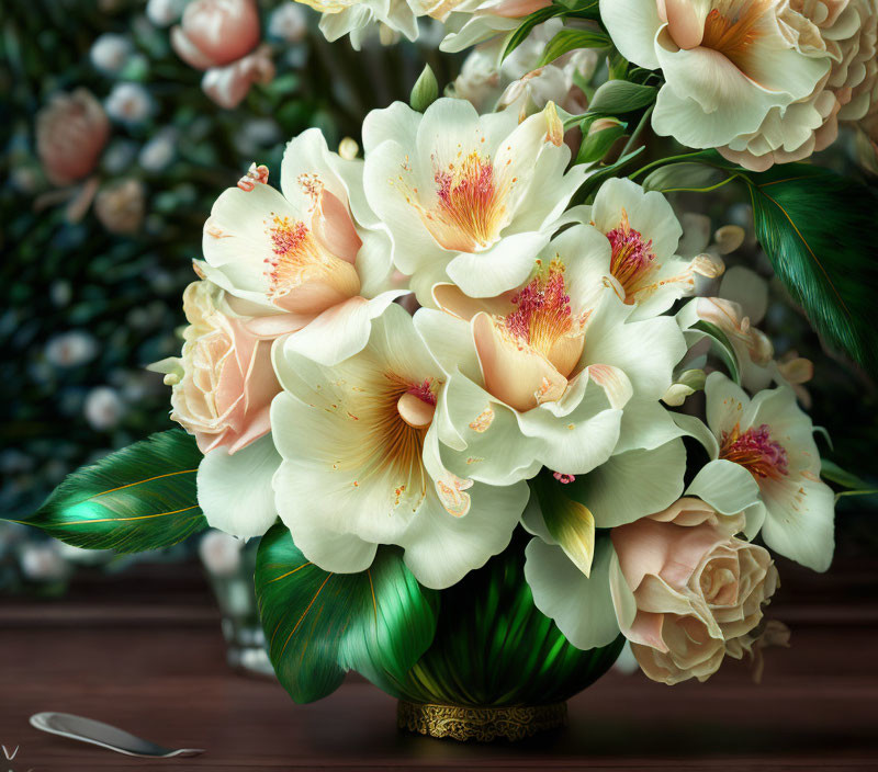 Creamy white flowers with pink and yellow centers in ornate vase - floral backdrop