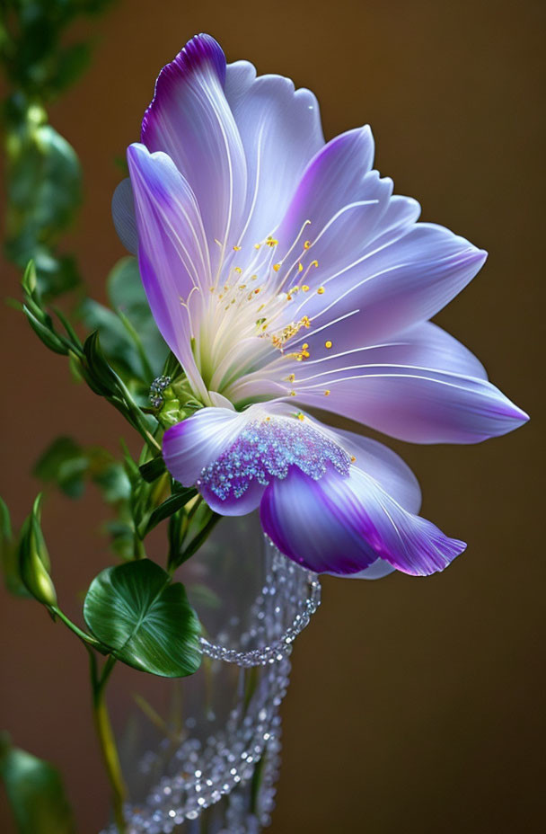 Purple and White Flower with Yellow Stamens and Water Droplets on Soft Brown Background