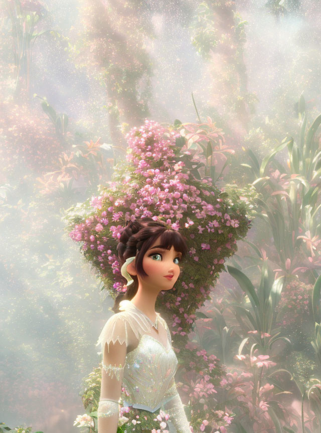Floral-haired animated character in misty foliage