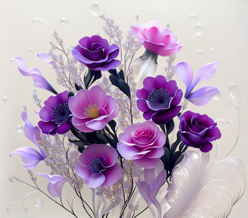 Stylized purple flowers with white highlights on pale background