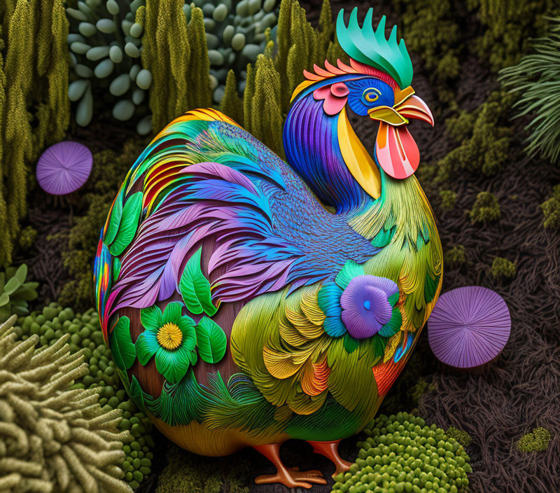 Colorful Rooster Artwork in Green Landscape