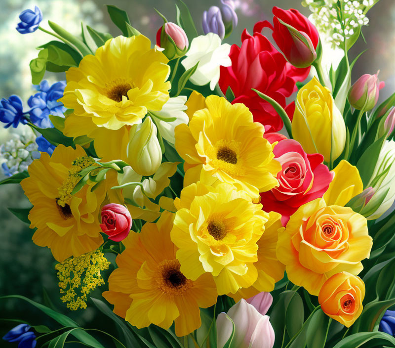 Colorful bouquet of daffodils, roses, tulips, and assorted flowers with greenery