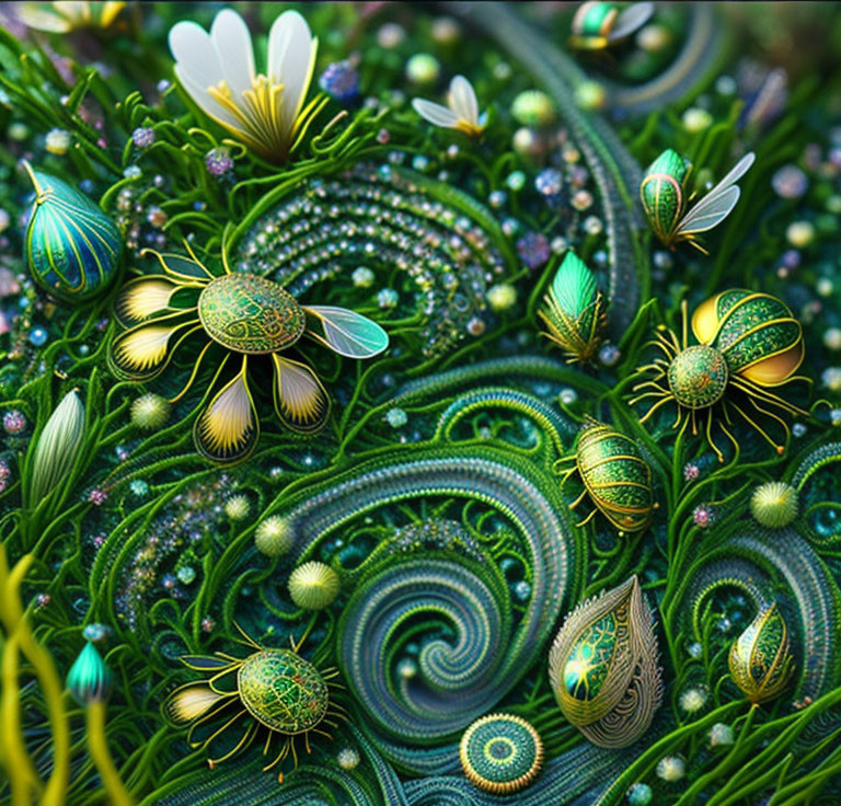 Colorful digital artwork: Lush green spiral environment with beetle-like creatures and white flowers.