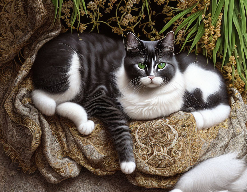 Black and White Cat with Green Eyes on Gold-Patterned Fabric among Green Foliage