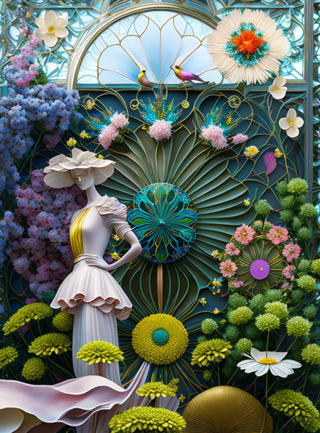 Woman in dress admiring vibrant garden with flowers, butterflies, and peacock design