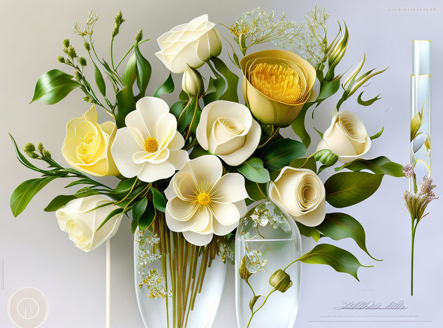 Paper-crafted white and yellow floral arrangement in clear glass vases