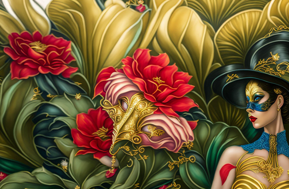 Intricate artwork of woman in masquerade mask amid vibrant fabrics & red flowers